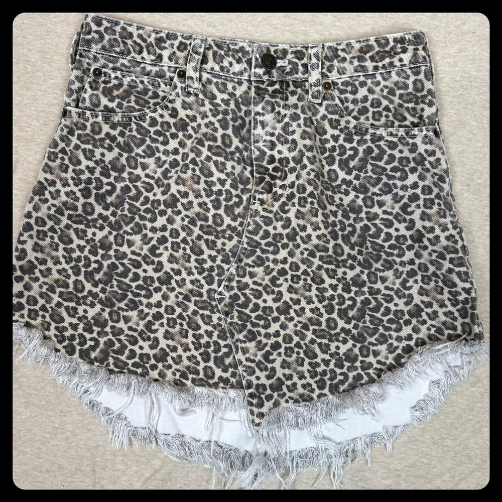 We The Free Y2K Leopard Print Denim Cutoff Skirt Indie‎ Sleaze Boho Festival